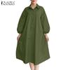 ZANZEA Women Casual Turn Down Collar Puff Long Sleeve Loose Shirt Dress