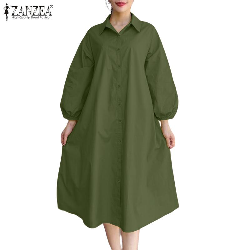 ZANZEA Women Casual Turn Down Collar Puff Long Sleeve Loose Shirt Dress