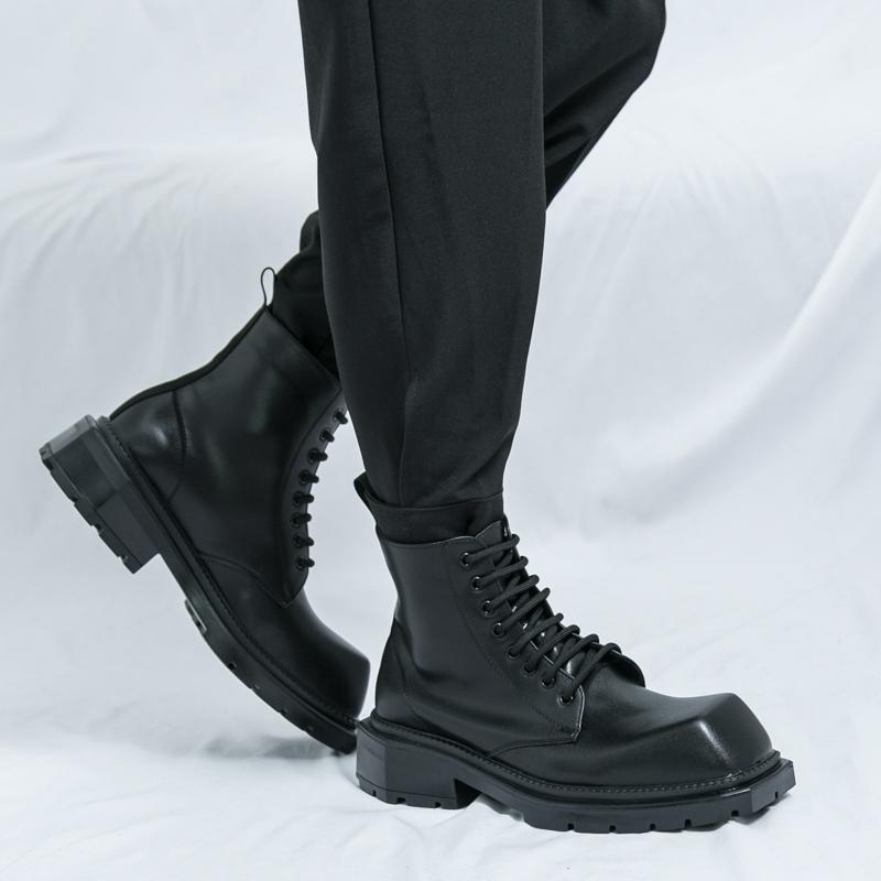Men’s Retro Punk Thick Sole Platform Boots Jockey Boots Yellow Square Toe Motorcycle Boots High Boots Plus Size