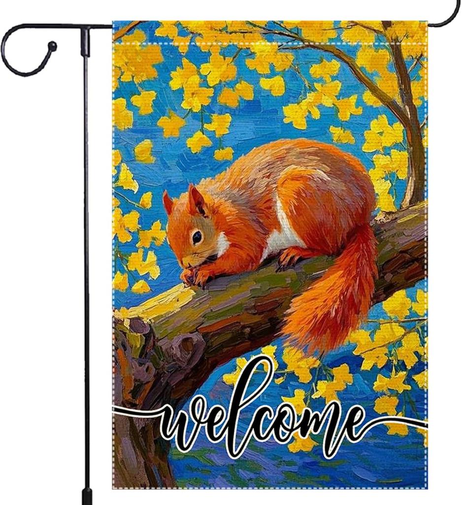 Fall Garden Ag Squirrel On Tree Double Sided 12x18 Inches Small Burlap Holiday Seasonal Yard Lawn Patio Outside Porch Deco SSL