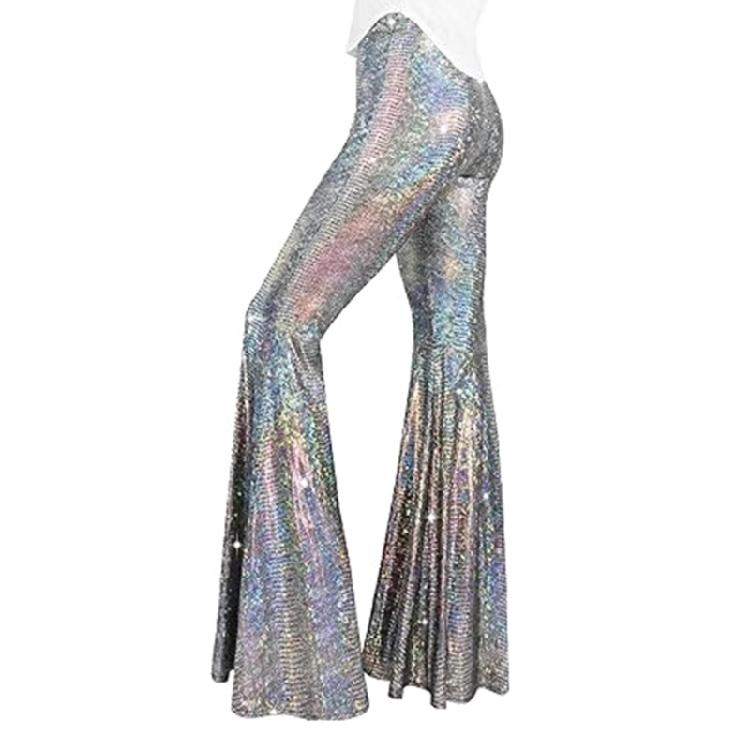 

Womens Bells Bottom Sparkles Sequins Flares Pants Elastic High Waist Sequins Dance Pants Night Out Clubwear XL срібний