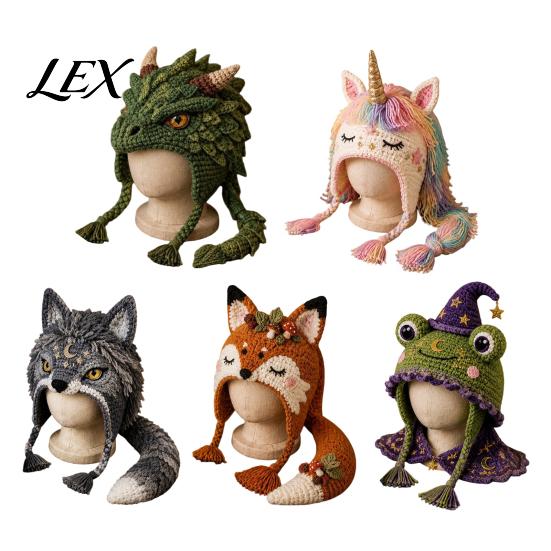 Family Craft Night Activities Animal Hat Crochet Kit, Fantasy Hood DIY Cute Ergonomic Tool Set Unicorn Fox Frog Earflap Crafting Kit for Adults Teens