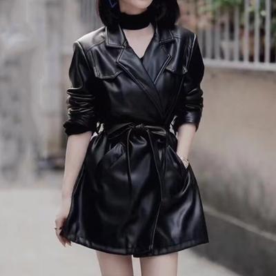Mid-length Leather Jacket for Women, Autumn Design, Waisted, Lace-up, Long-sleeved Jacket, Trendy Black Top