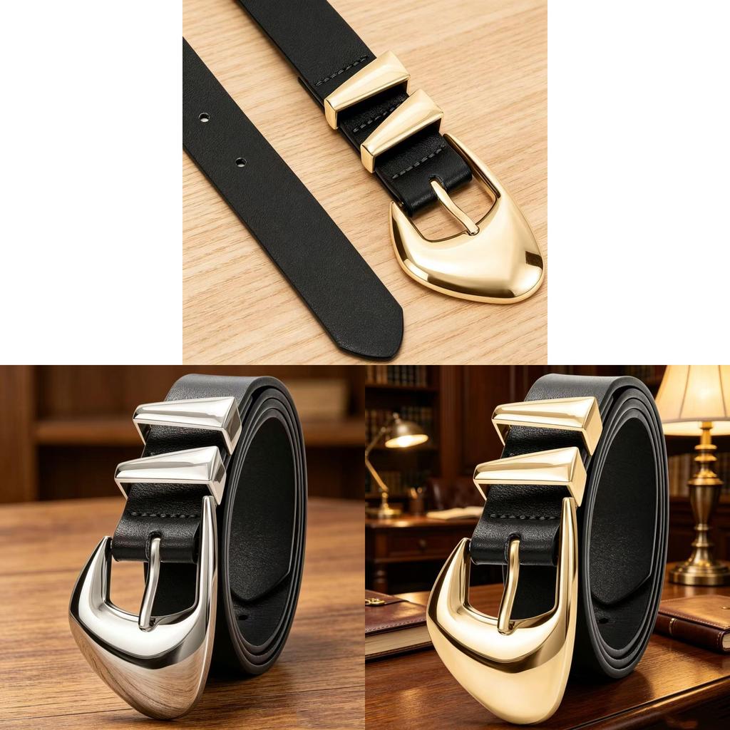 Womens Trendy Leather Belt With Zinc Alloy Pin Buckle And Stylish Fan Pattern For Daily Use