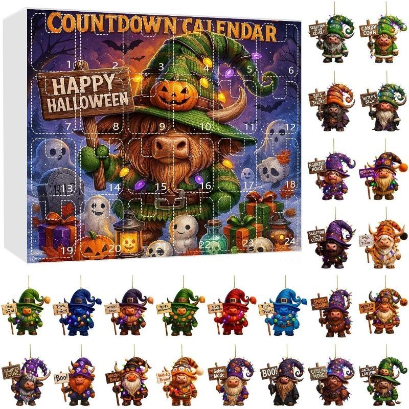 

Хэллоуинский адвент-календарь с хайлендской коровой 2025, 24 дня, календарь обратного отсчета с хайлендской коровой в шляпе ведьмы, 2D акриловые подвесные украшения в виде скота style H