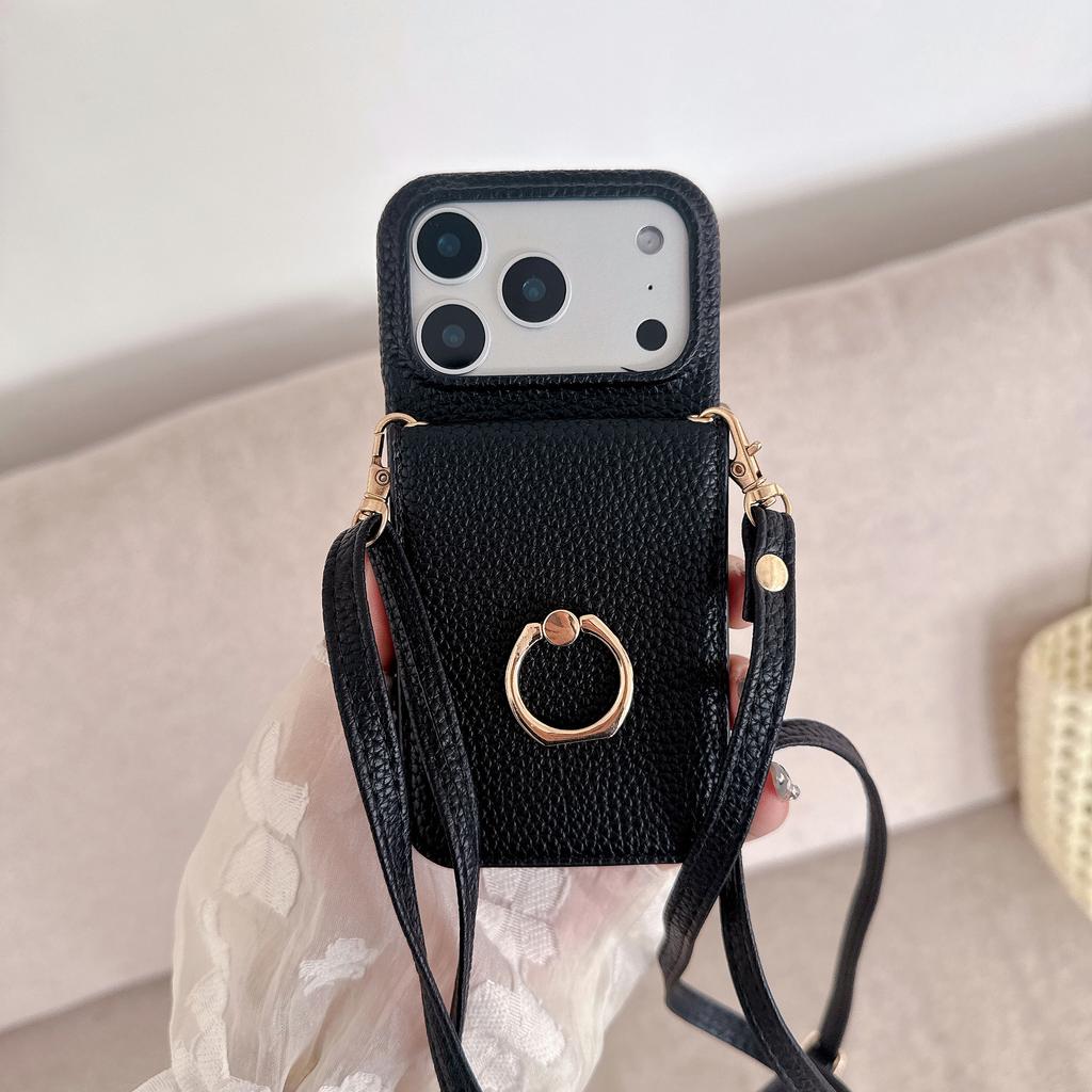 Crossbody Card Solt Ring Holder Flip Mirror Magnetic Wallet Leather Case For iPhone 17 Pro Max 16 Plus 15 14 13 12 Lanyard Cover