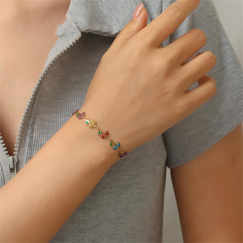 Charm Red Cherry Bracelet For Women Retro Bohemian Stainless Steel Fruit Metal Wristband Girls Party Holiday Fashion Jewelry