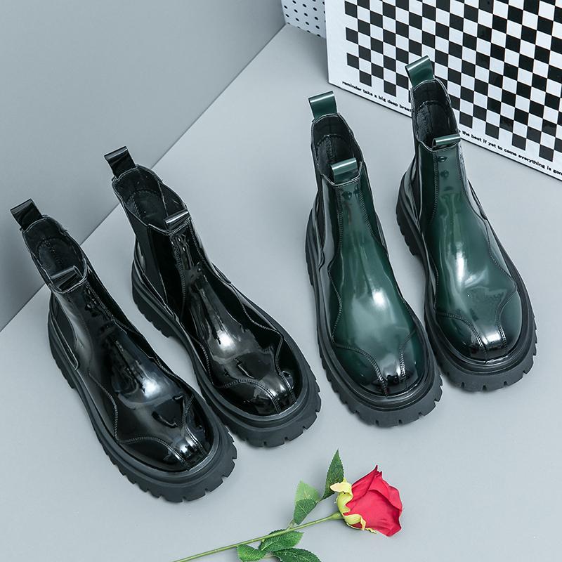 Business Patent Leather Fashion Boots Mid-Calf Thick Bottom Ankle Boots Street Style Dress Leather Boots Men's Round Short Boots