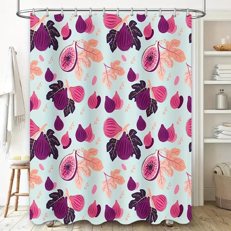 Stylish Fruits Shower Curtain featuring Fig Leaves in Pink Purple for Bathroom Decor Quick Dry Waterproof Fabric