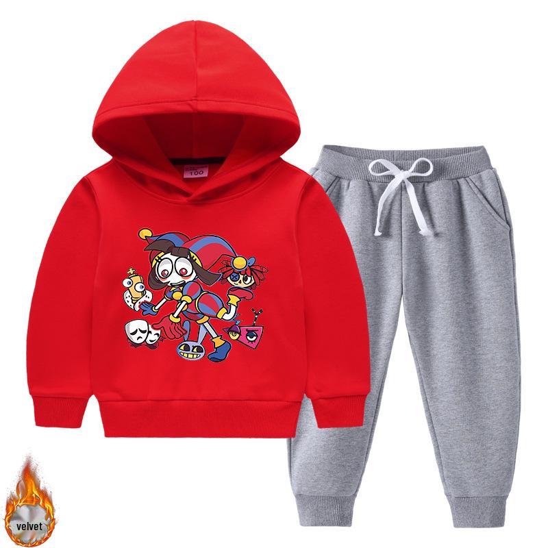 New Style Velvet-Enhanced Hooded Sweatshirt Two-Piece Set for Boys and Girls - Thick Warm Clothing for Autumn and Winter