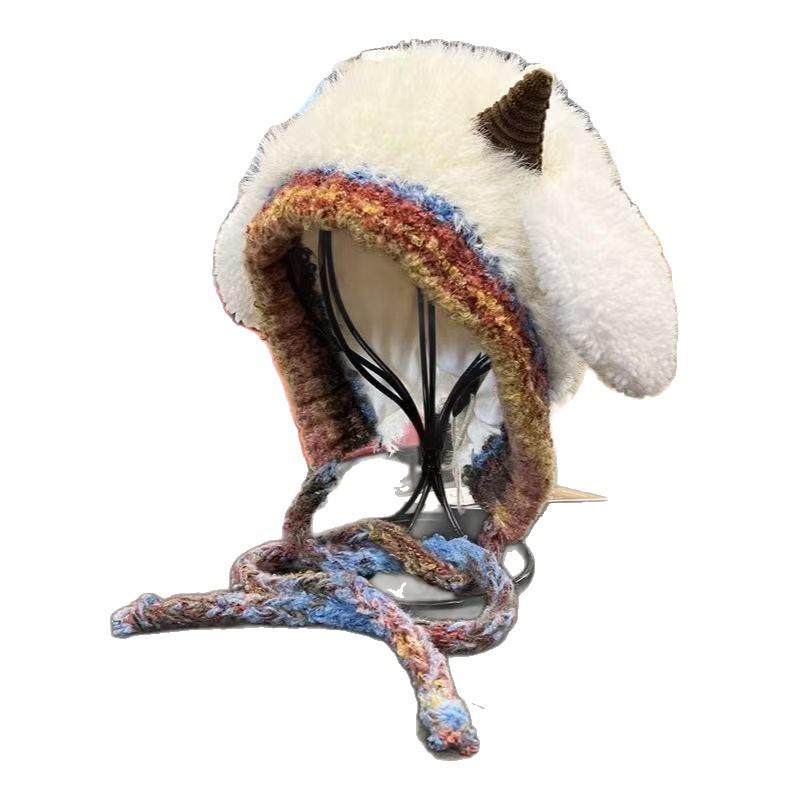 Bonnet Tricoté Mignon en Laine d'Agneau Coréen pour Femme avec Protection Oreilles – Style Automne/Hiver à Nouer