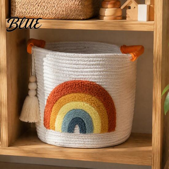 Decorative Laundry Hamper Large Cotton Woven Storage Basket Cartoon Embroidery Toy Organizer Bin Home Decor Basket Capacity with Reinforced Handles