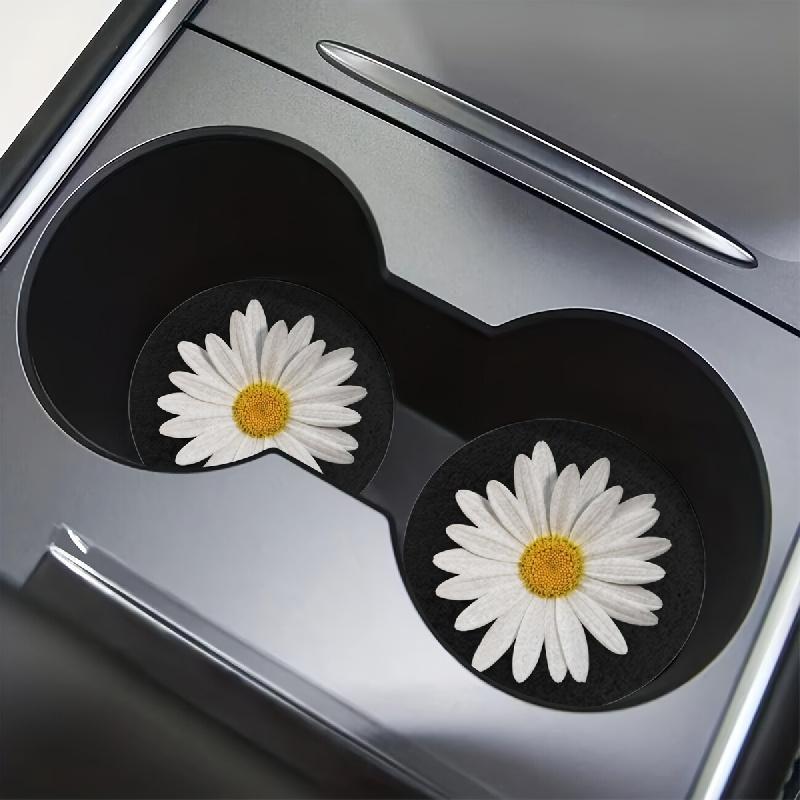 2pcs Daisy Flower Absorbent Car Cup Holder Coaster Car Interior Accessories For Women, Water Cup Coasters For Car Vehicles & Home Desk