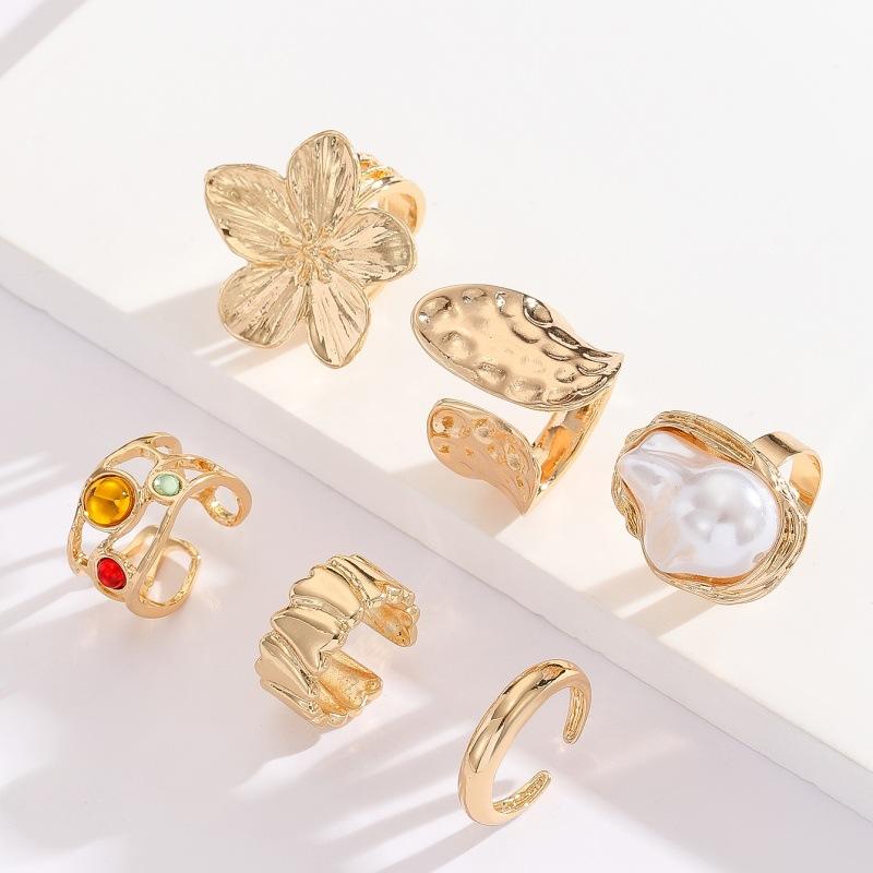 6pcs Ingemark  Irregular Exaggerated Metal Flower Open Rings Women Elegant Baroque Imitation Ring Jewelry Accessories