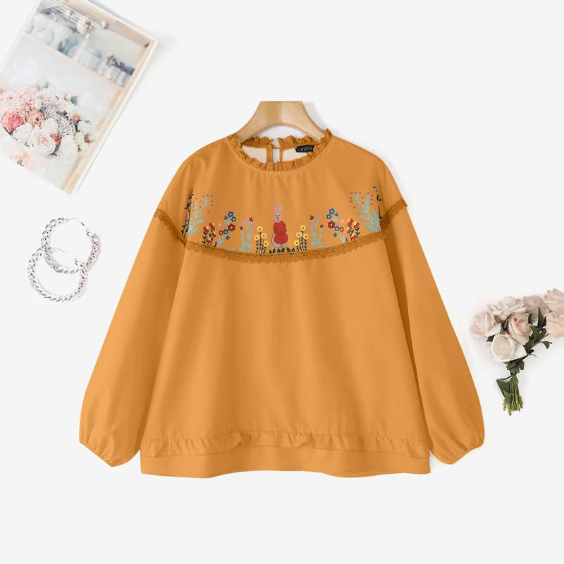 

ZANZEA Женская повседневная блузка с кружевной вставкой, круглым вырезом, длинным рукавом, свободного кроя, с принтом S жёлтый