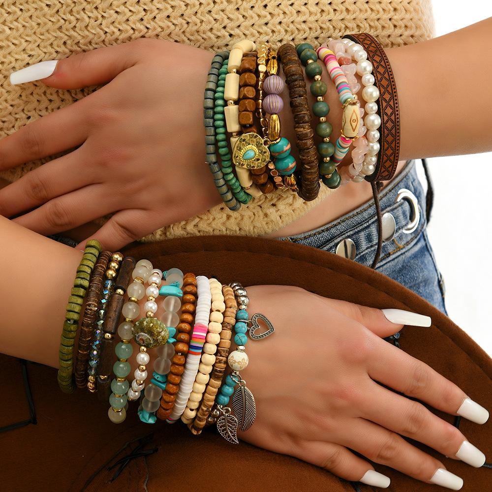 Boho Beaded Stack Bracelet Set, Multi-Layer Wood & Turquoise Bead Bracelet for Women, Bohemian Casual Beach Jewelry