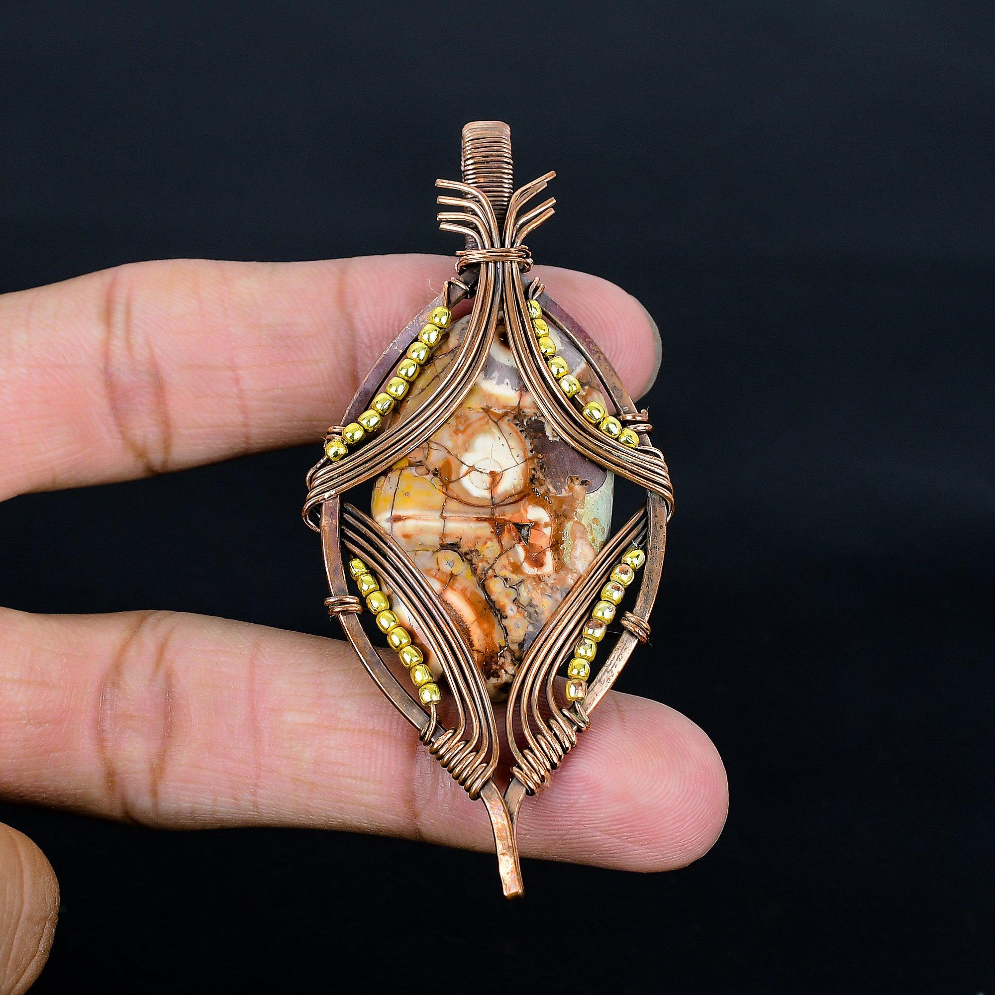 

Maligano Jasper 999 Copper Wire Wrapped Pendant, Handmade Gemstone Jewelry Pendant Gift For Birthday 2.55 Inches
