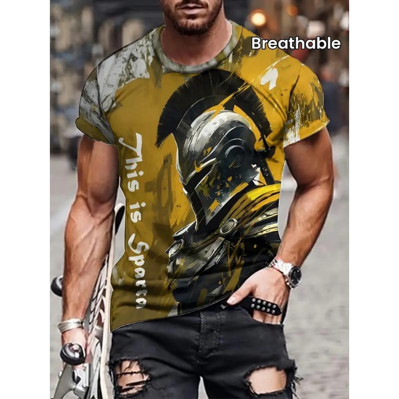 Men's Stylish Warrior Graphic T Shirt Clothes Full Print Short Sleeve Crew Neck Casual Tshirts Tops New In Mens Tees Streetwear