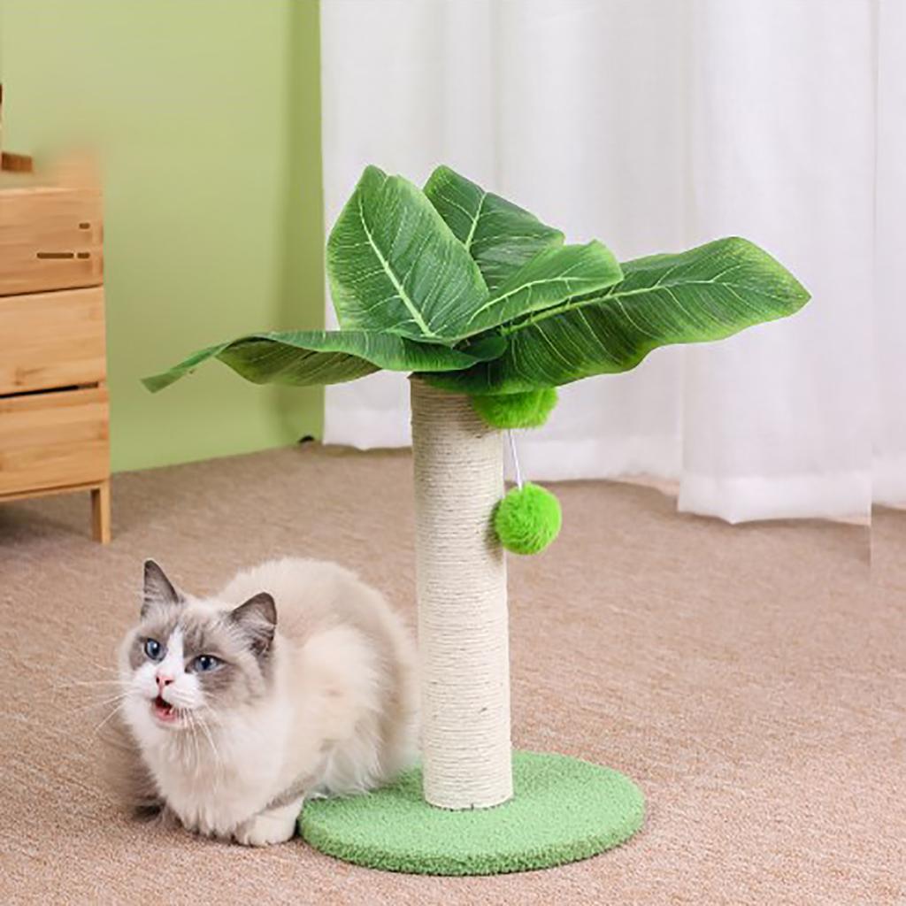 Cat Scratching Post 12.6in High 9.8in Base Hanging Balls Green Leaves Sisal Hemp Cat Scratcher for House Bedroom Indoor