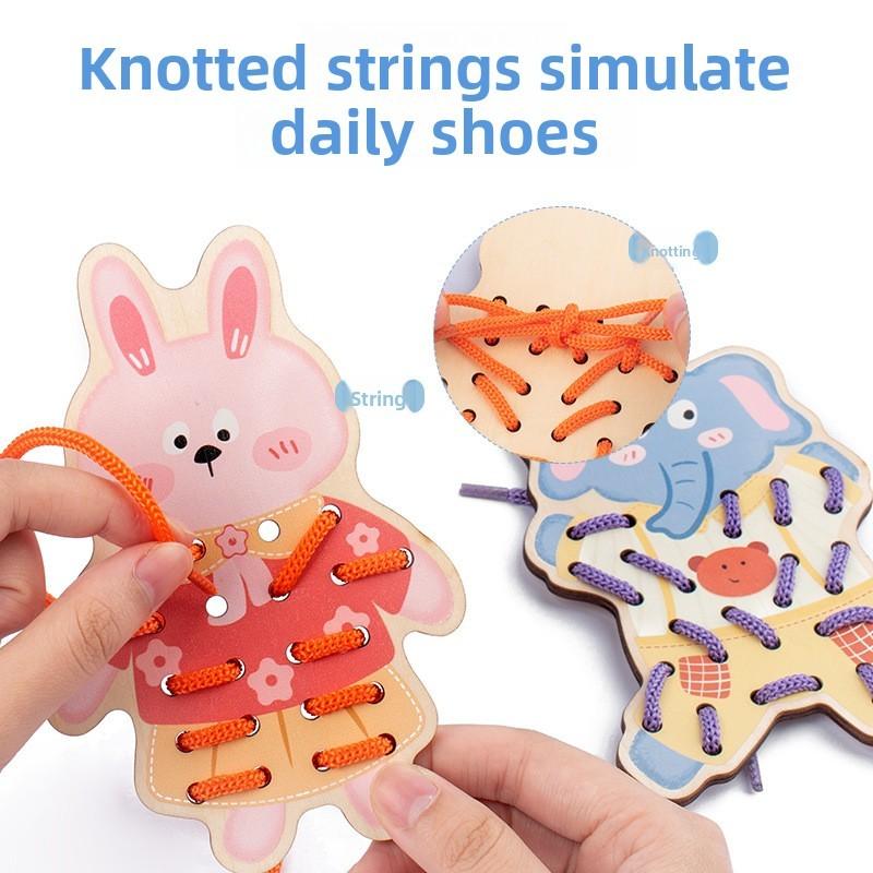Wooden Dinosaur Animal Rope Threading Board Children Early Education Puzzle Toys