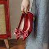 568-15 Bow High Heels Pointed Thick Heel Single Shoes Wedding Shoes Bridesmaid Shoes Xiuhe Shoes Sheepskin Stepping Heel Breathable