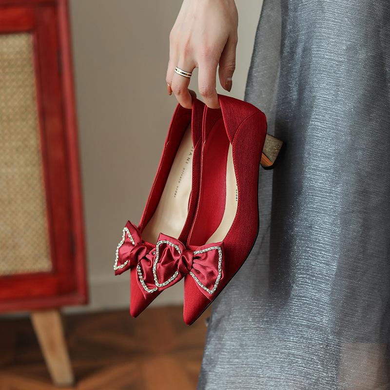 568-15 Bow High Heels Pointed Thick Heel Single Shoes Wedding Shoes Bridesmaid Shoes Xiuhe Shoes Sheepskin Stepping Heel Breathable