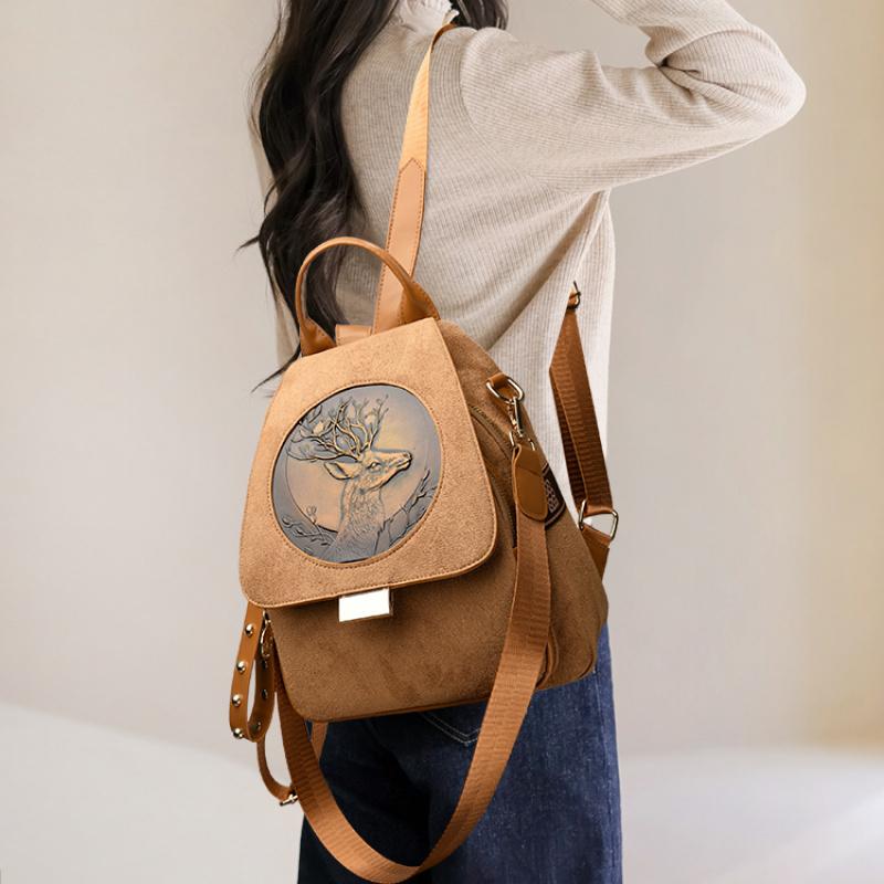 Vintage Brown Suede Backpack with Deer Embossed Design - Convertible Shoulder Bag for Women, Fashion Travel & Daily Use