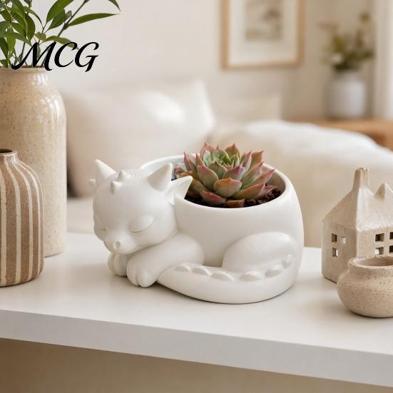 Black And White Plant Pot Decor Flowerpot Ornament, 3D Printed Sleeping Dragon Shape, Matte Large Texture Desktop Ornament Curved Planter, for