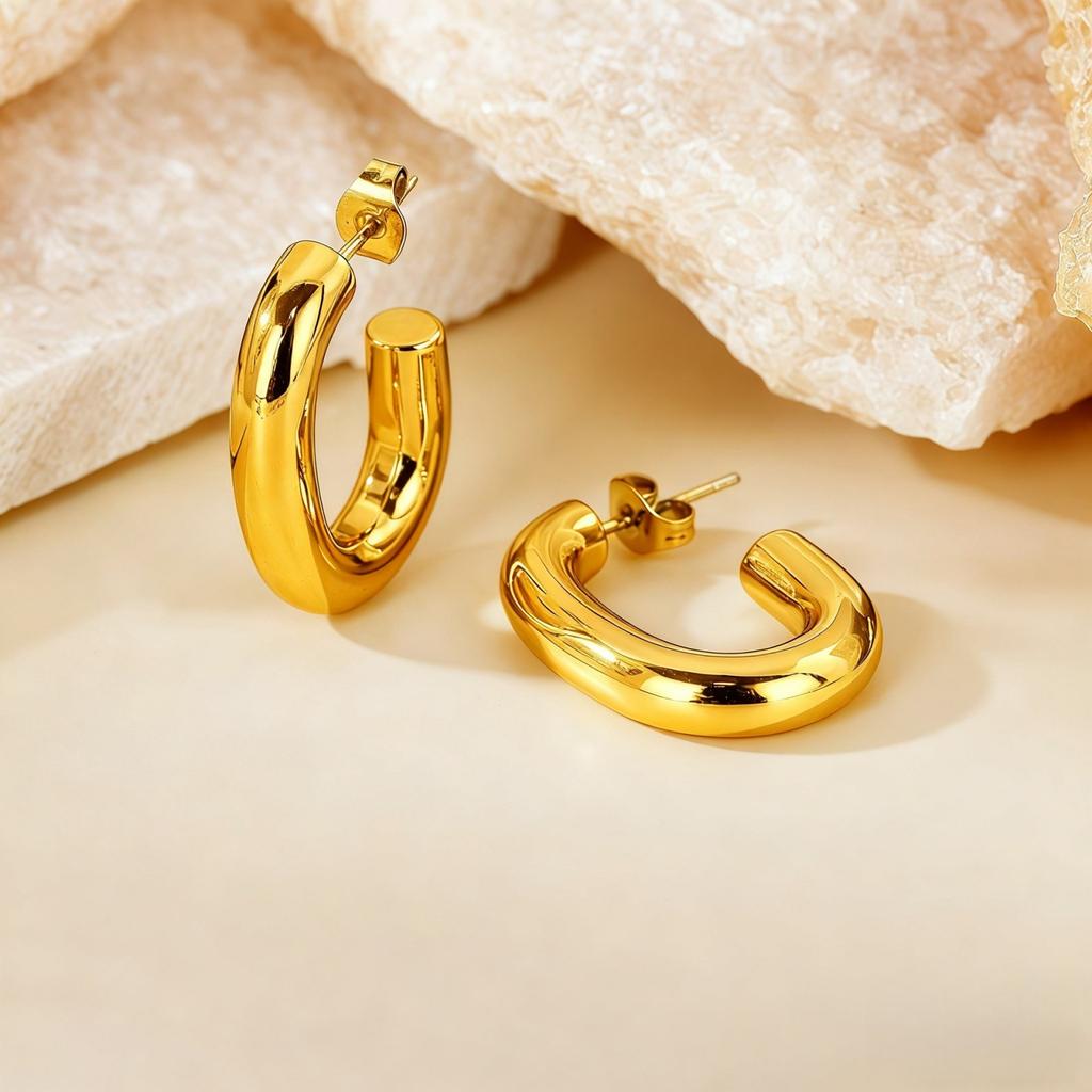 1 Pair Stylish Exquisite Circular Geometric 304 Stainless Steel C Shaped Hoop Earrings For Women Men Jewelry Gift