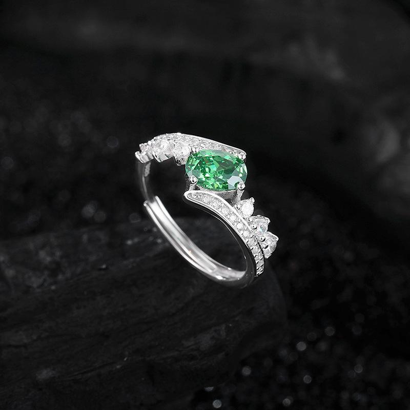 S925 Sterling Silber Oval Grün Zirkon Ring Damen Luxus Krone Funkelnder Diamant Unregelmäßiger Zeigefingerring