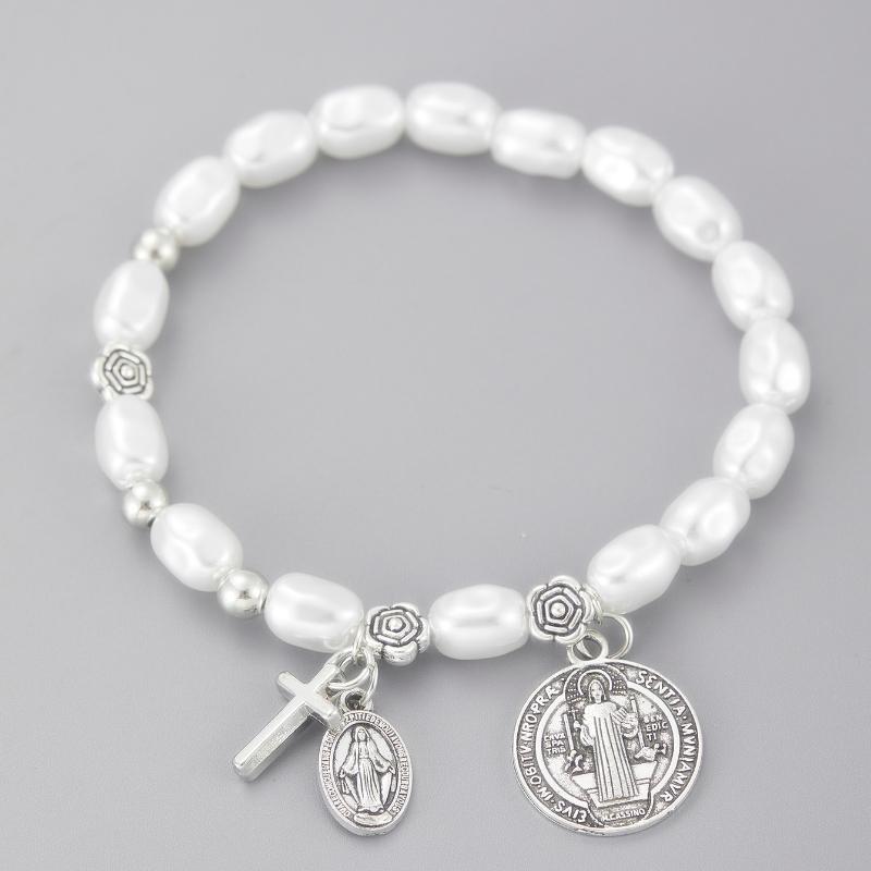 Bohemian Cross Religious Pendant Imitation Pearl Beaded Elastic Bracelet Women's Fine  Jewelry Anniversary Women's Gift