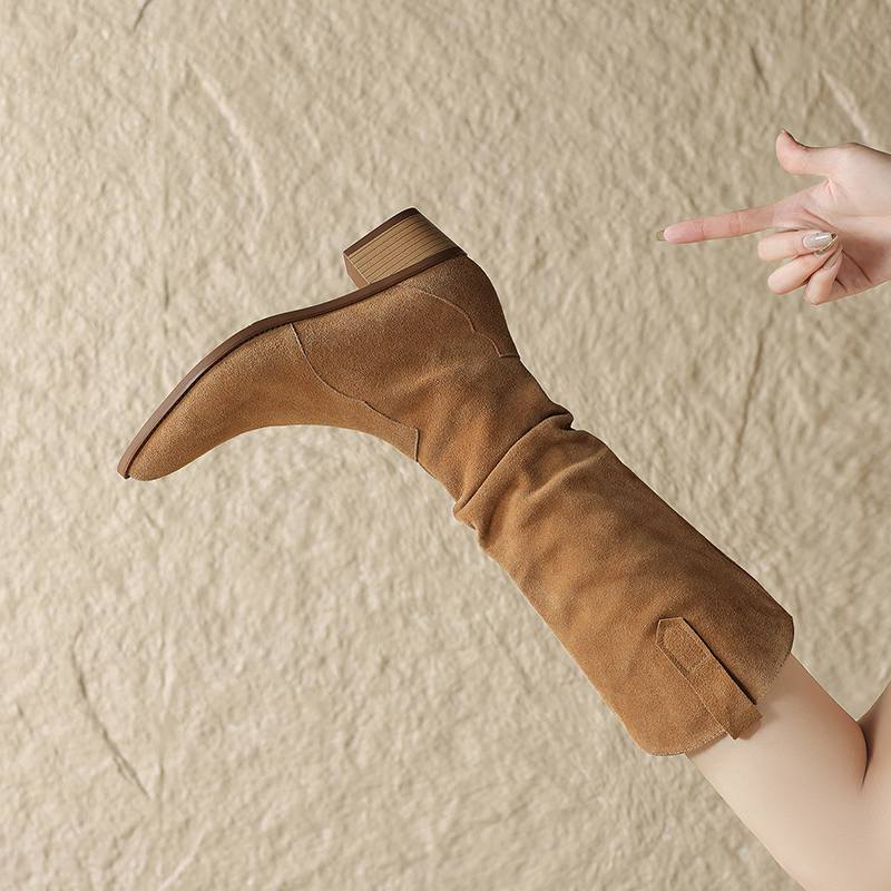 Krazing Pot Cow Suede Winter Round Toe Thick Med Heels Modern Boots Women Zipper Pleated Decoration Thigh High Boots