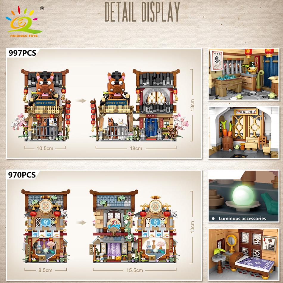 Non-Toxic City Mini Chinese Street View Grocery Store Meat Shop Building Blocks Japanese Food Ice Shop Figures Bricks Toys Child