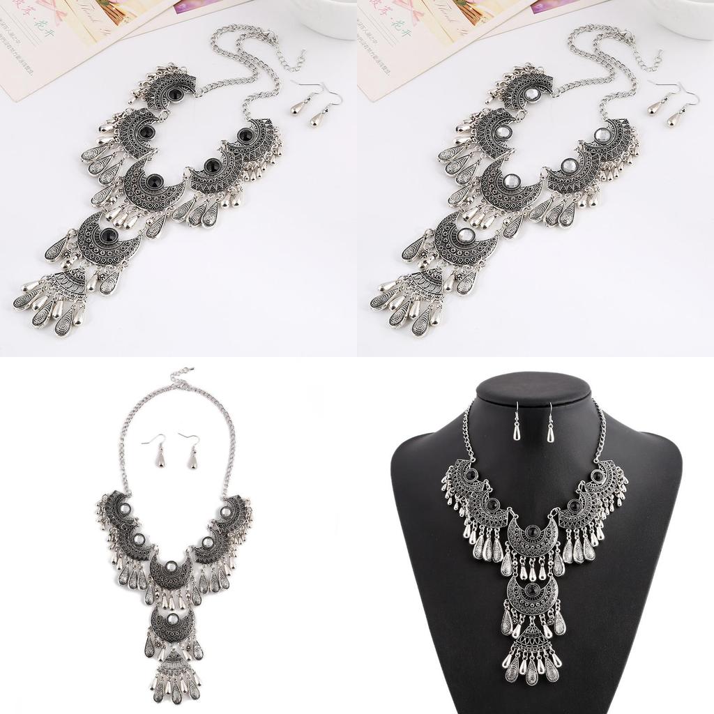 Drop Elegant Water Pendant Necklace Earrings Set Women Vintage Accessory Jewelry