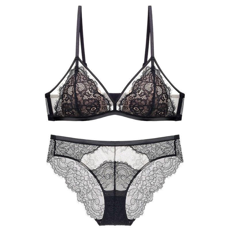 Ultradünnes Push-Up-BH-Set aus französischer Spitze: Kabellos, Mit festen Cups, Sexy Design für einen schlanken Look