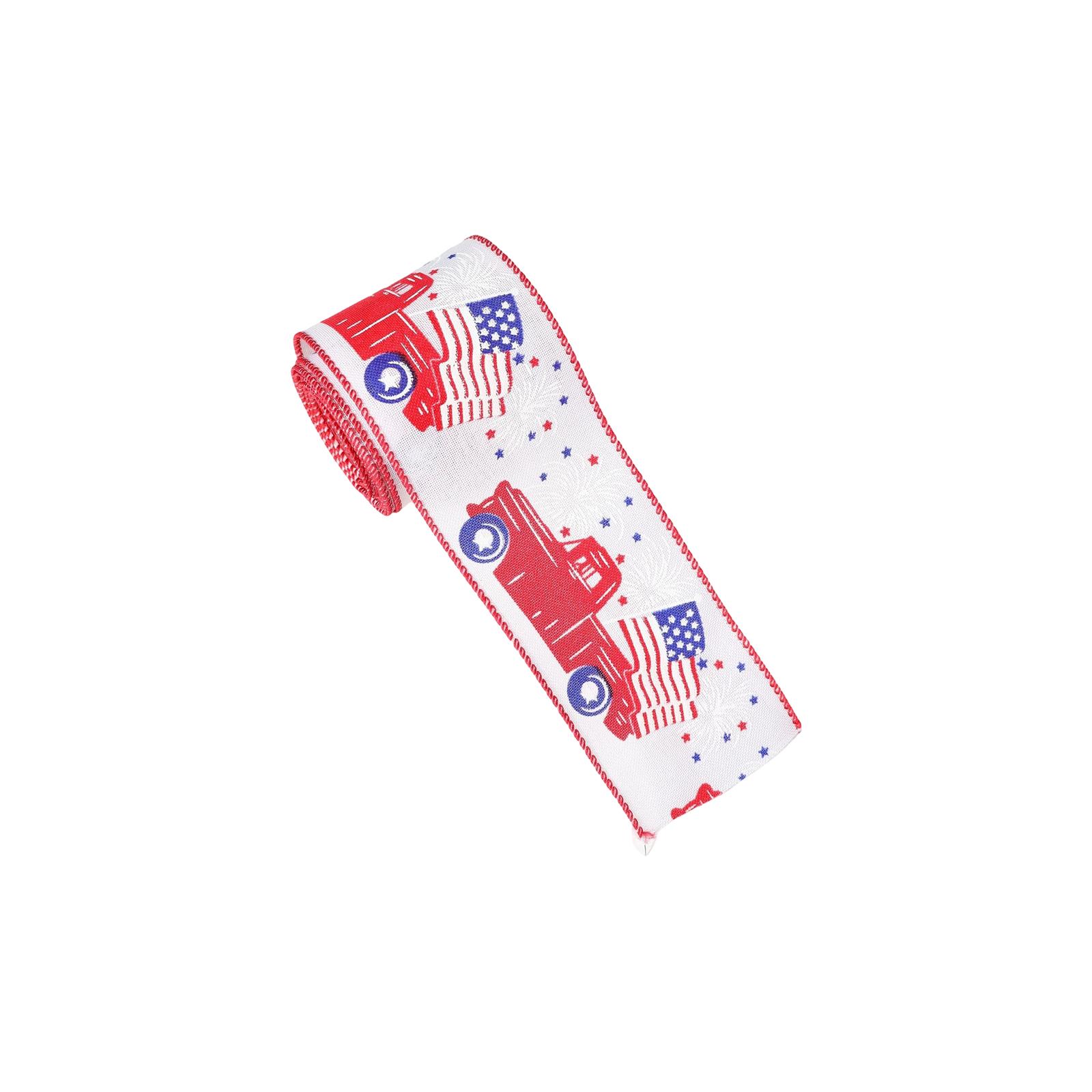 

Wired Edge Ribbon with Patriotic Truck and Flag Print for Crafting Gift Wrapping Party Decoration Projects One Size