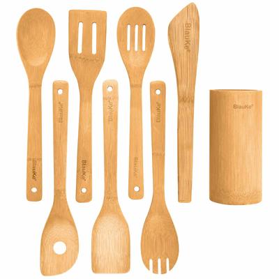 Wooden Kitchen Utensils Set of 8 – Non-Stick Bamboo Cooking Utensils – Wooden Spatulas for Cooking, Wooden Spoons, Tongs