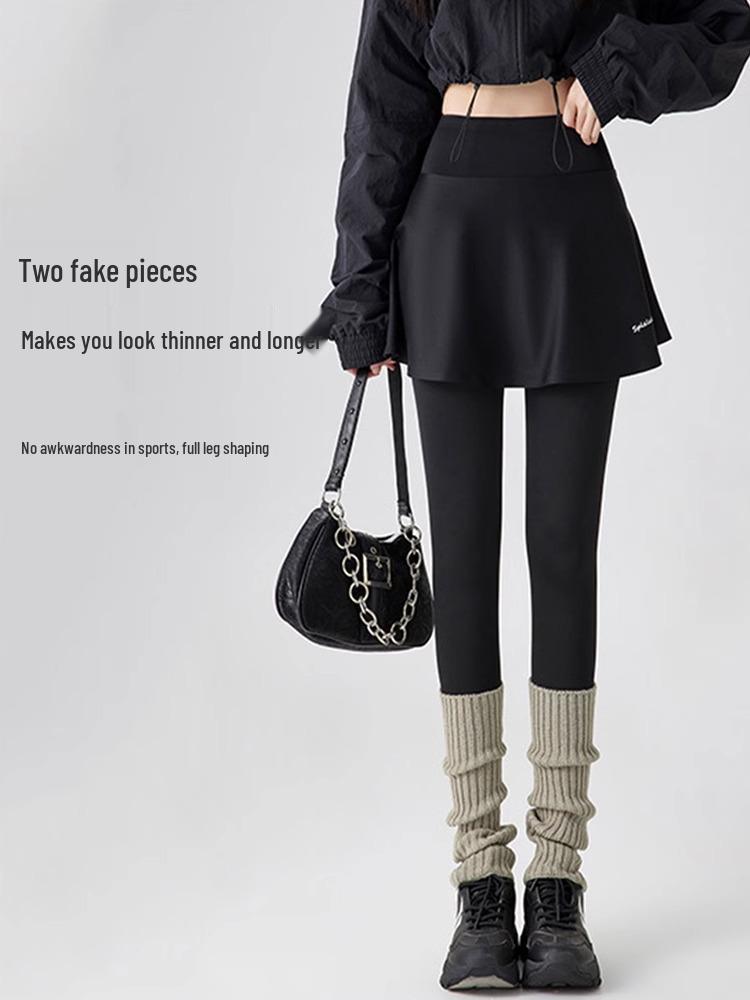Women's High-Waisted Yoga Skirt Pants, Autumn/Winter, Plus Velvet, Two-in-One Pilates Sports Leggings