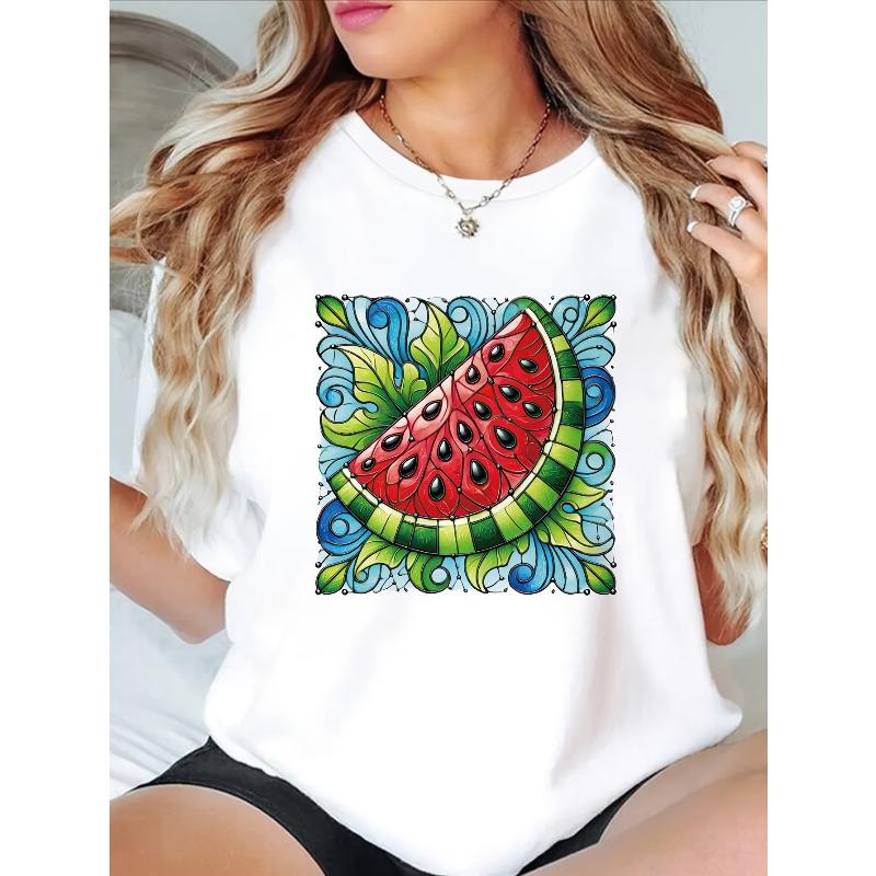 Women'S Casual Summer T-Shirt with Vibrant Watermelon Slice Print - Soft, Comfortable Round Neck Short Sleeve Top In