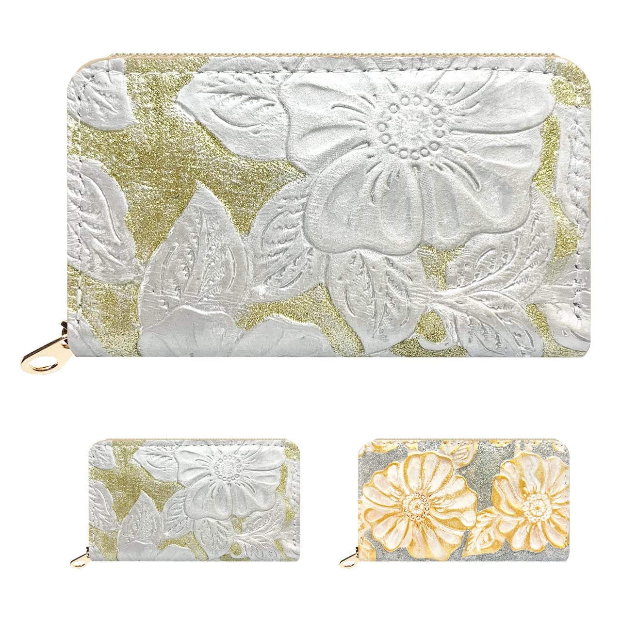 

Coin genuine round small coin floral embossed glitter glitter gold [leo&aoi] case, leather, zipper, pouch, wallet, purse, compact, simple, leather, золотий