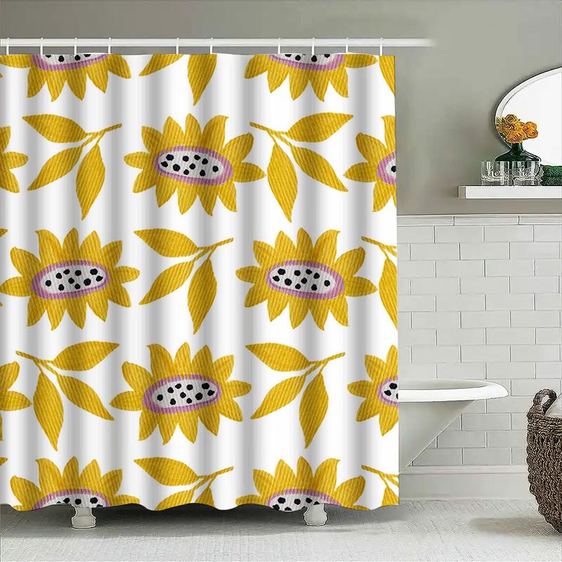 Modern Sunflower Shower Curtain with Yellow Purple Pattern Waterproof Decorative Bath Mat Shower Set for Bathroom Decoration (Wh