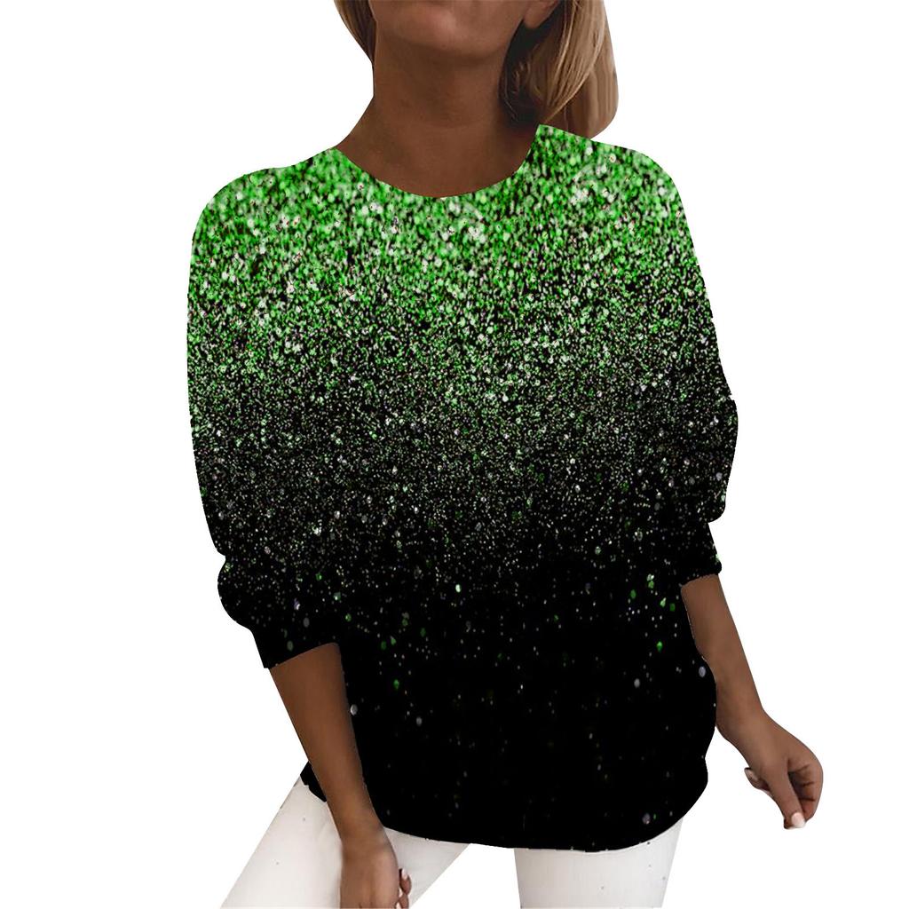 Modne Casualowe Damskie T-shirty z Okrągłym Dekoltem i Błyszczącym Nadrukiem 3D z Długim Rękawem