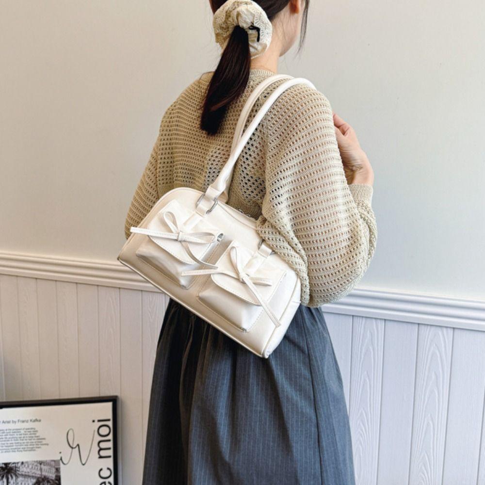 French Style Bow Tie Bowling Bag Elegant Women Handbags Vintage Boston Shoulder Bag  Armpit Bag