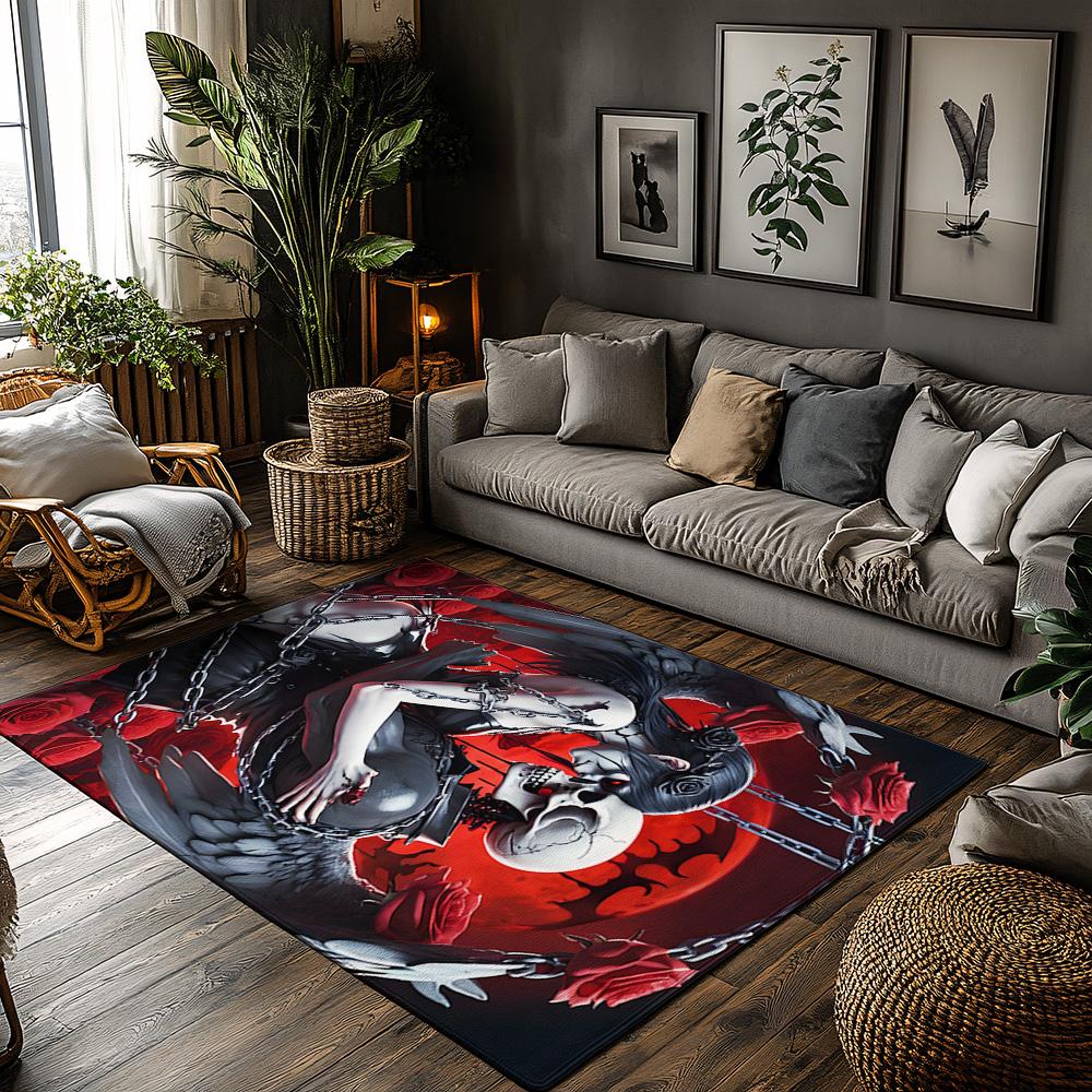 

Gothic Couple Art Rug, Black White Red Rose Tattoo Carpet, Bohemian Living Room Mat with Chain Motif, Dark Romantic Decor 50x80cm