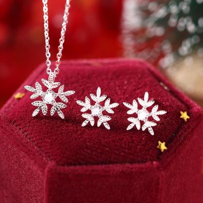 Snowflake S925 Sterling Silver Necklace & Stud Earrings Set - Exquisite Autumn/Winter Christmas Gift Accessories.