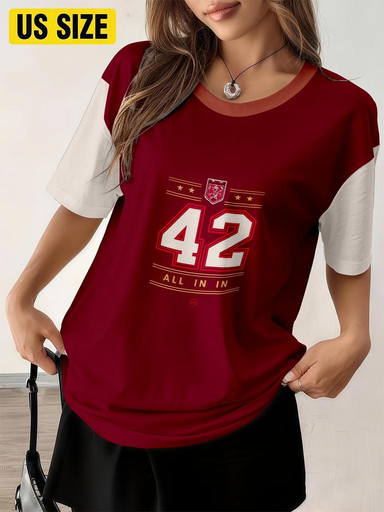 Women's crew neck T-shirt, retro college style football shirt, all-print casual season
