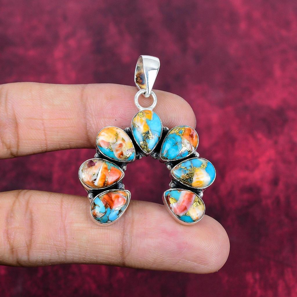 Anhänger mit Orangefarbener Stachelmuschel, 925 Sterlingsilber Edelsteinschmuck, Handgefertigter Anhänger Fantastischer Schmuck, Geschenk für Sie