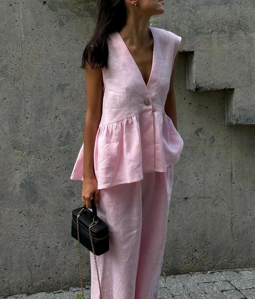 Navy Blue Sleeveless V-Neck Jumpsuit with Flare Pants S розовый