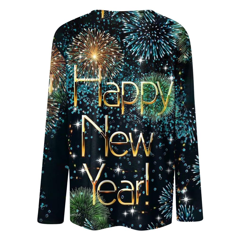 Damen Winter Rundhals Langarm T-Shirt 2024 Neujahr Bedrucktes Oberteil