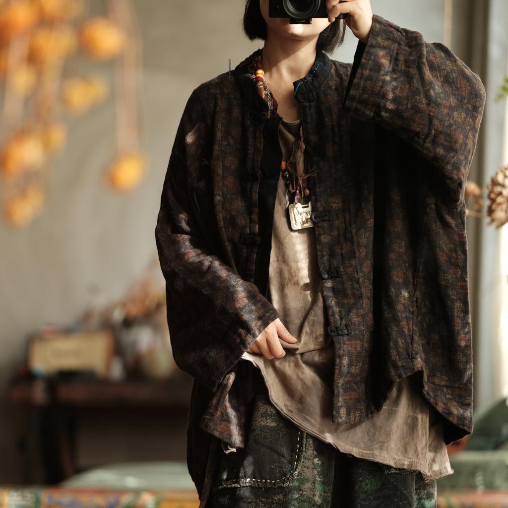 Johnature Women Vintage Winter Shirts Tops Thick O-Neck Long Sleeve Button Chinese Style Female Blouses